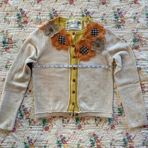 Flower Fields Cream Cardigan Sweater with Orange Floral Appliqué - Large